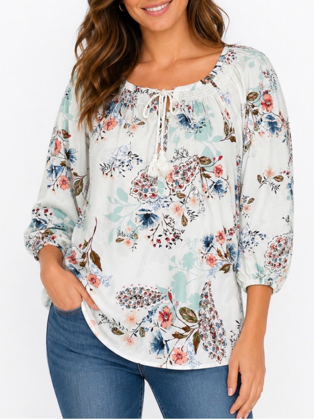 DR2 Daniel Rainn Light Floral Peasant Blouse in Mint & Coral SZ SM flowy peasant